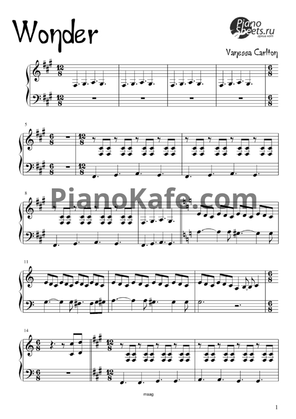 Ноты Vanessa Carlton - Wonder - PianoKafe.com