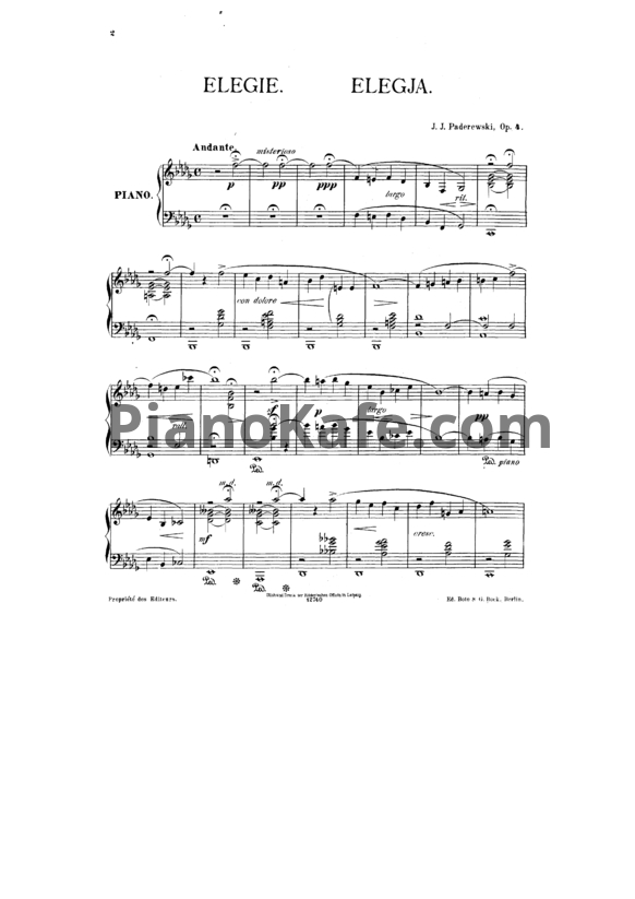 Ноты И. Падеревский - Элегия (Op. 4) - PianoKafe.com