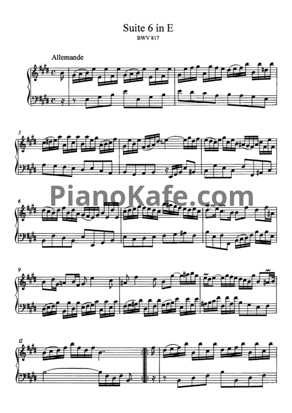 Ноты И. Бах - Сюита №6 ми мажор (BWV 817) - PianoKafe.com