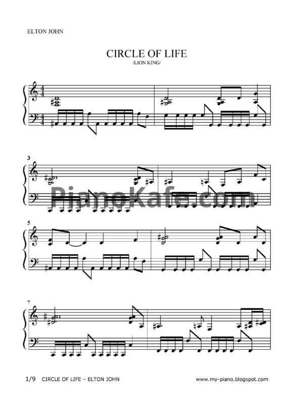 Ноты Elton John - Circle of life (Версия 3) - PianoKafe.com