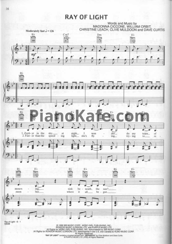 Ноты Madonna - Ray of light - PianoKafe.com