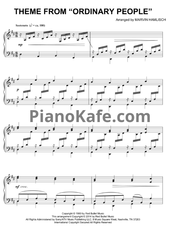 Ноты Marvin Hamlisch - Theme from "Ordinary people' - PianoKafe.com