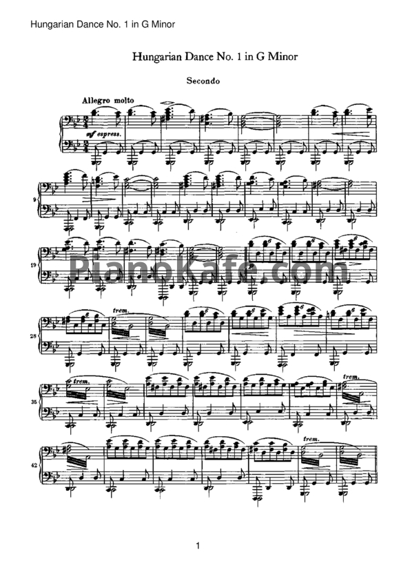 Ноты Иоганнес Брамс - Венгерский танец №1 соль-минор (для фортепиано в 4 руки) - PianoKafe.com