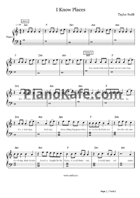 Ноты Taylor Swift - I know places - PianoKafe.com