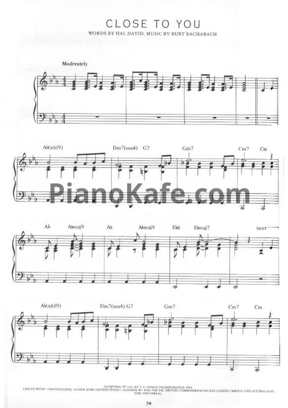Ноты Burt Bacharach - Close to you - PianoKafe.com