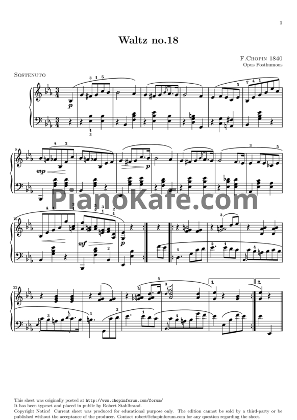 Ноты Ф. Шопен - Вальс №18 ми-бемоль мажор (B.133) - PianoKafe.com