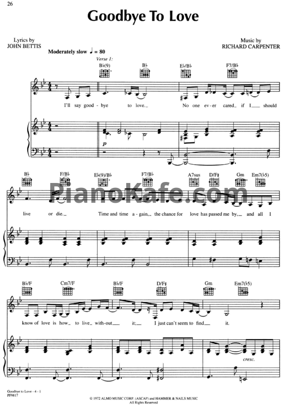 Ноты The Carpenters - Goodbye to love - PianoKafe.com