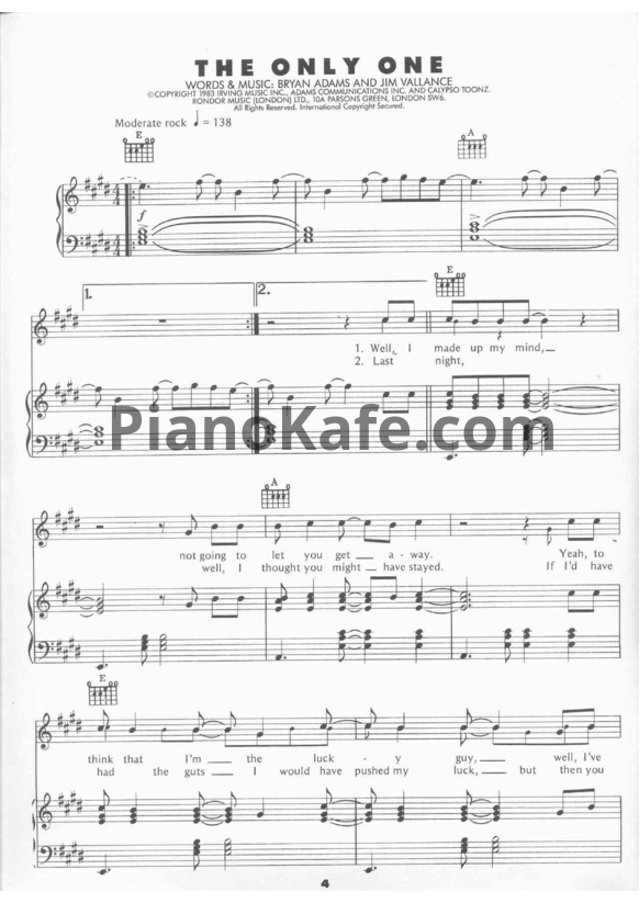 Ноты Bryan Adams - The only one - PianoKafe.com