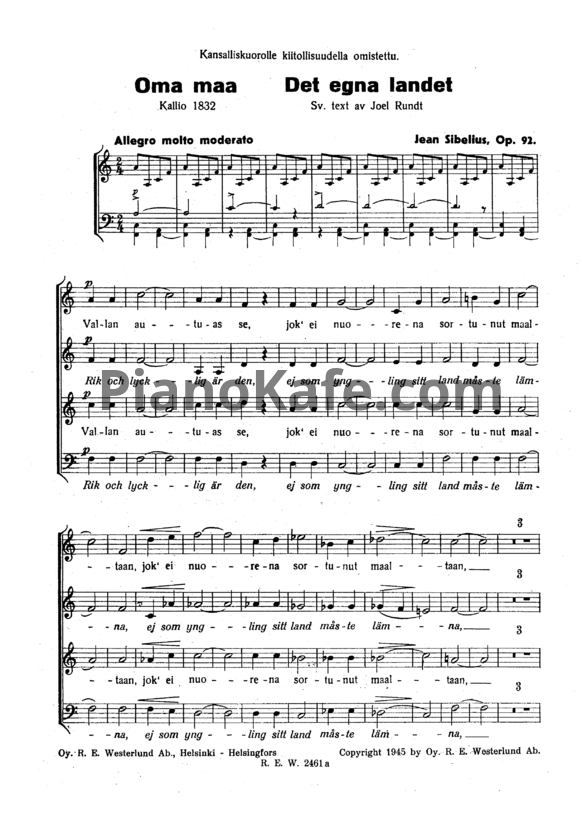 Ноты Ян Сибелиус - Кантата "Oma maa" для хора и оркестра (Op. 92) - PianoKafe.com