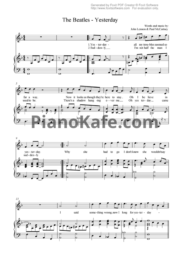 Ноты The Beatles - Yesterday - PianoKafe.com