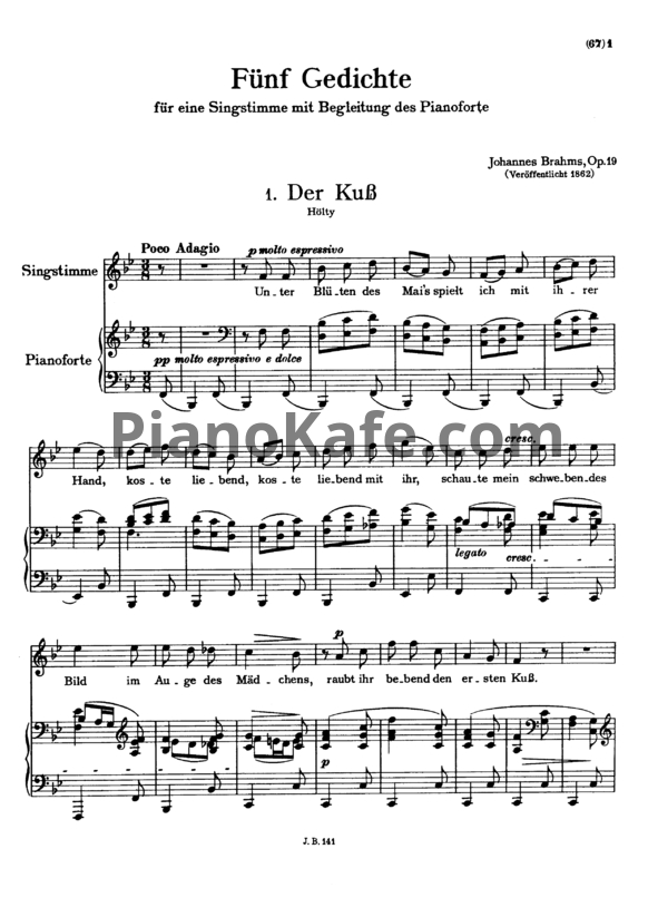 Ноты И. Брамс - Пять стихотворений (Op. 19) - PianoKafe.com