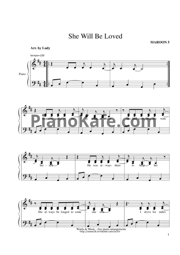 Ноты Maroon 5 - She will be loved - PianoKafe.com