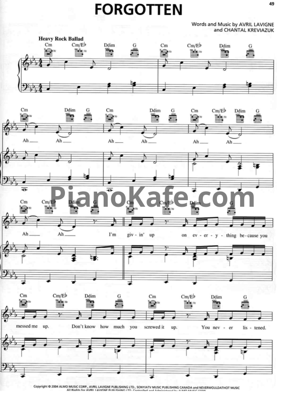 Ноты Avril Lavigne - Forgotten - PianoKafe.com