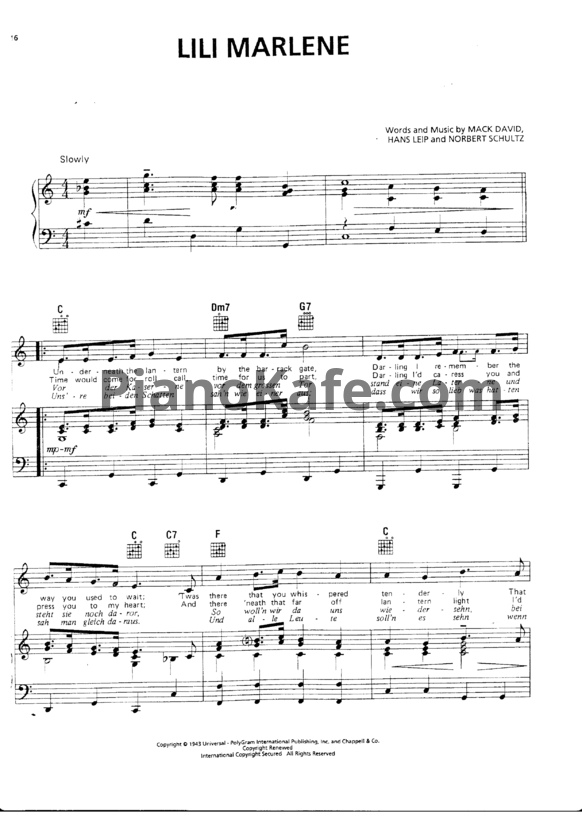 Ноты Norbert Schultz, Hans Leip, and Mack David - Lili Marlene - PianoKafe.com