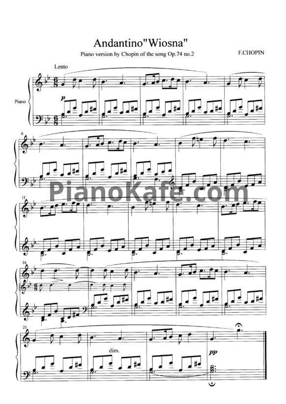 Ноты Ф. Шопен - Андантино на тему песни "Весна" (Op. 74, №2) - PianoKafe.com