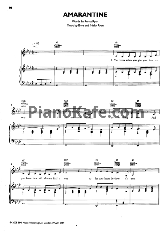 Ноты Enya - Amarantine - PianoKafe.com