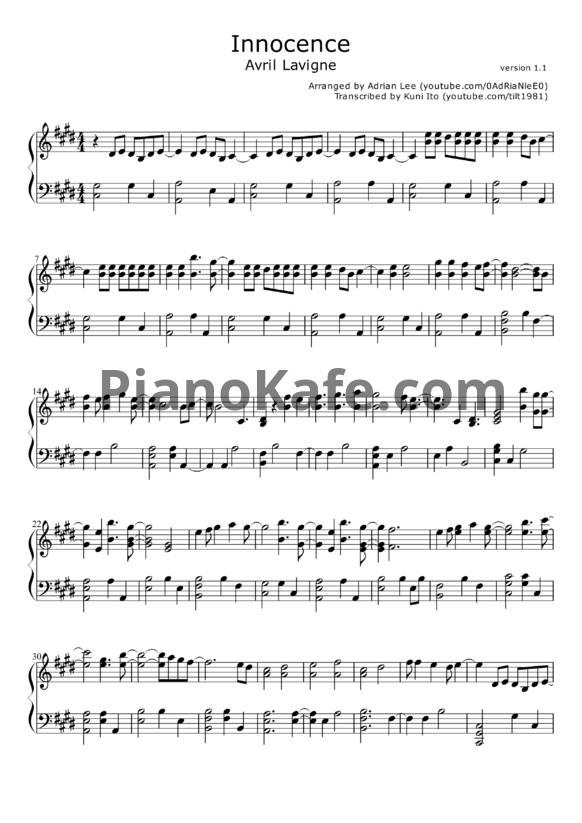 Ноты Avril Lavigne - Innocence (Adrian Lee version) - PianoKafe.com