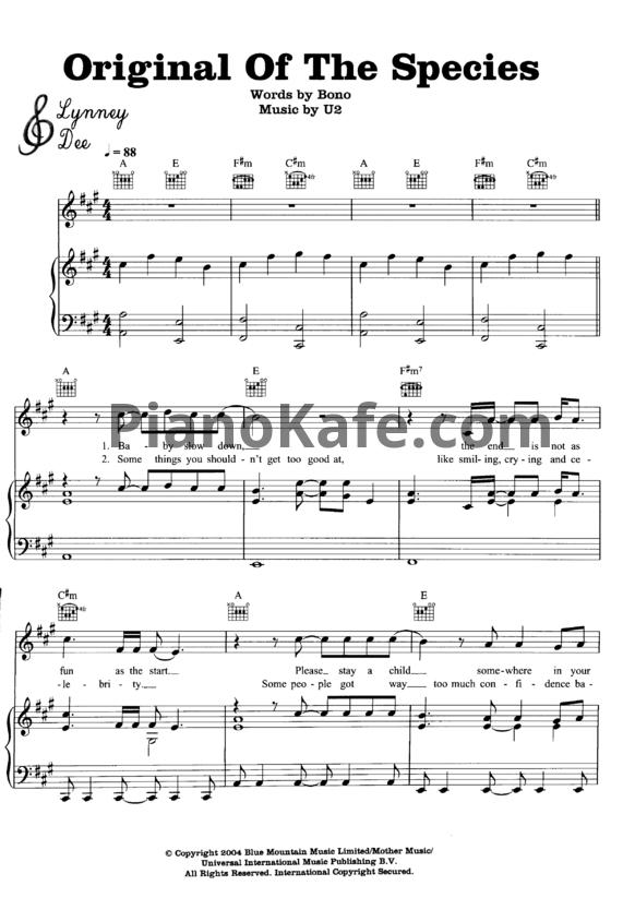Ноты U2 - Original of the species - PianoKafe.com