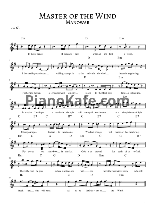 Ноты Manowar - Master of the wind (Вокальная партия) - PianoKafe.com