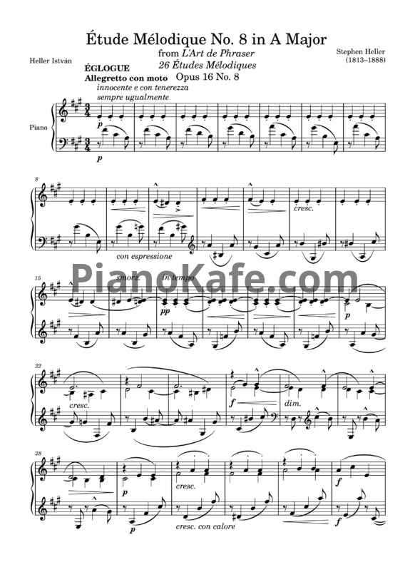 Ноты Стефан Хеллер - Мелодический этюд (Op. 16, №8) ля мажор - PianoKafe.com