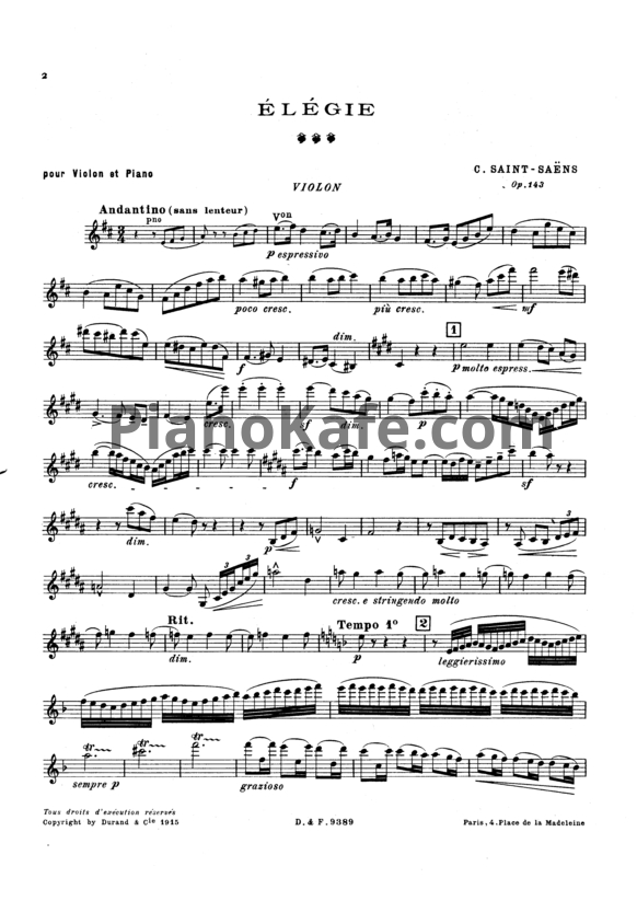 Ноты Камиль Сен-Санс - Элегия для скрипки и фортепиано (Op. 143) - PianoKafe.com