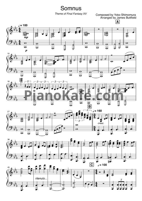 Ноты Yoko Shimomura - Somnus - PianoKafe.com