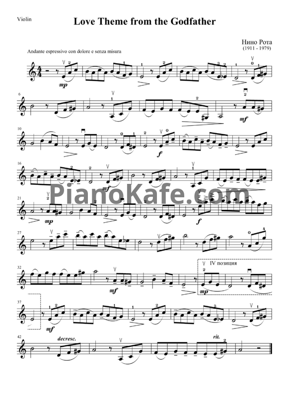 Ноты Nino Rota - Love theme from "The Godfather" - PianoKafe.com