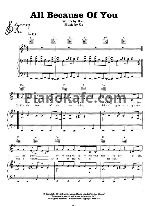 Ноты U2 - All because of you - PianoKafe.com