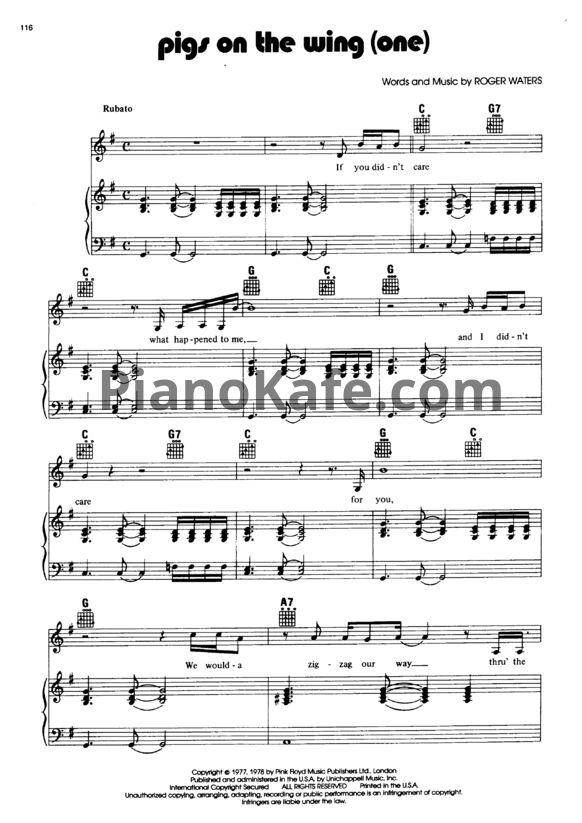 Ноты Pink Floyd - Pigs on the wing (one) - PianoKafe.com
