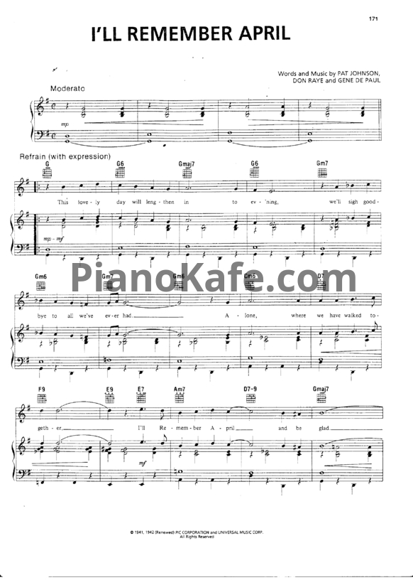 Ноты Don Raye, Gene de Paul and Patricia Johnson - I'll remember april (Версия 2) - PianoKafe.com