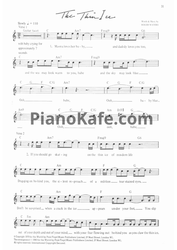 Ноты Pink Floyd - The thin ice (Guitar tabs) - PianoKafe.com