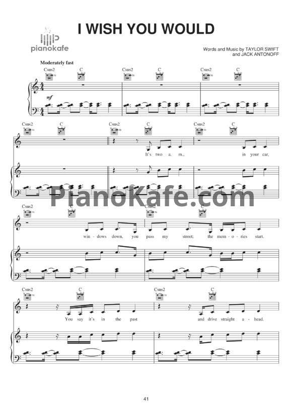 Ноты Taylor Swift - I wish you would - PianoKafe.com