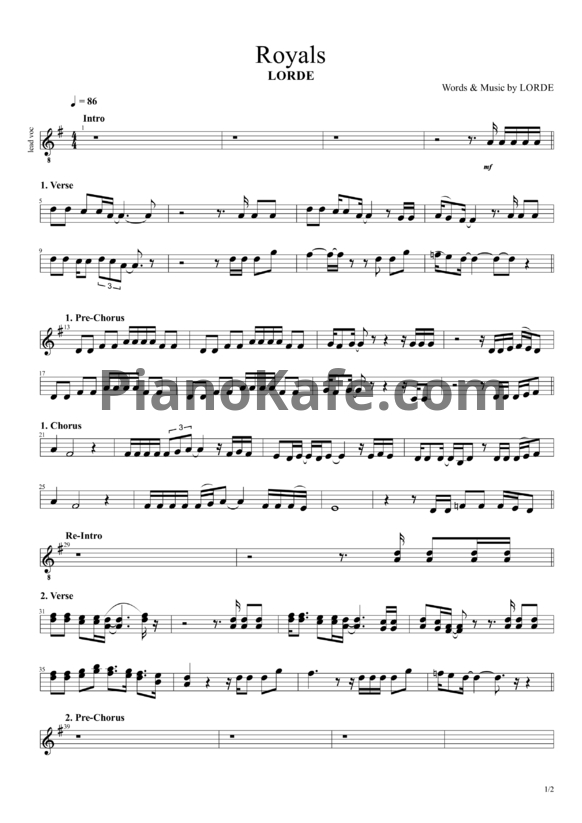 Ноты Lorde - Royals - PianoKafe.com
