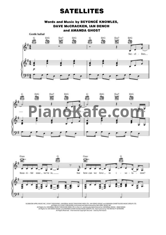 Ноты Beyonce - Satellites - PianoKafe.com