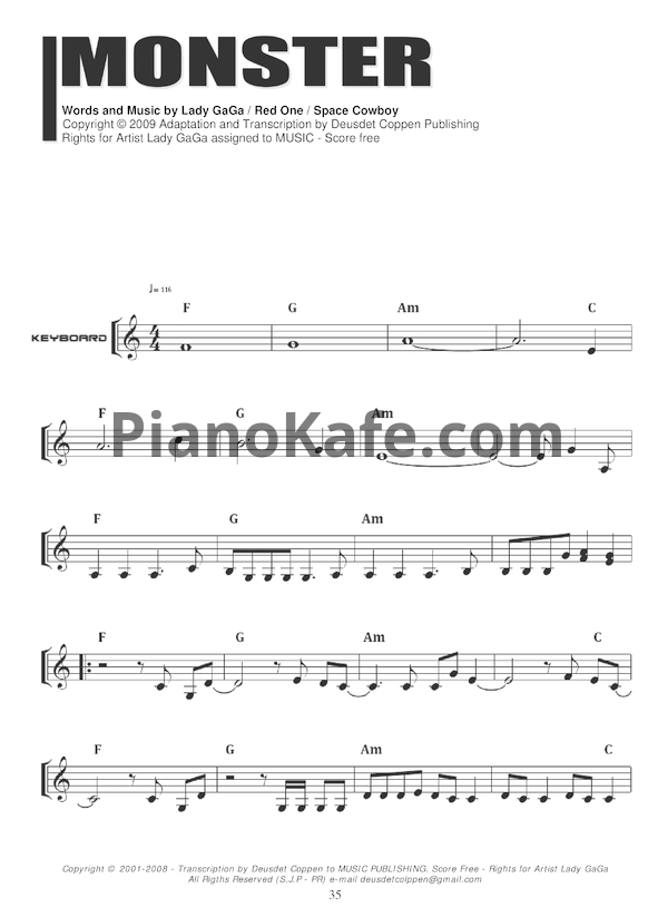 Ноты Lady GaGa - Monster - PianoKafe.com