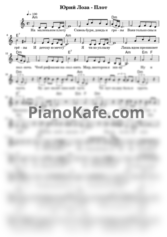Ноты Юрий Лоза - Плот (Переложение для голоса и гитары) - PianoKafe.com