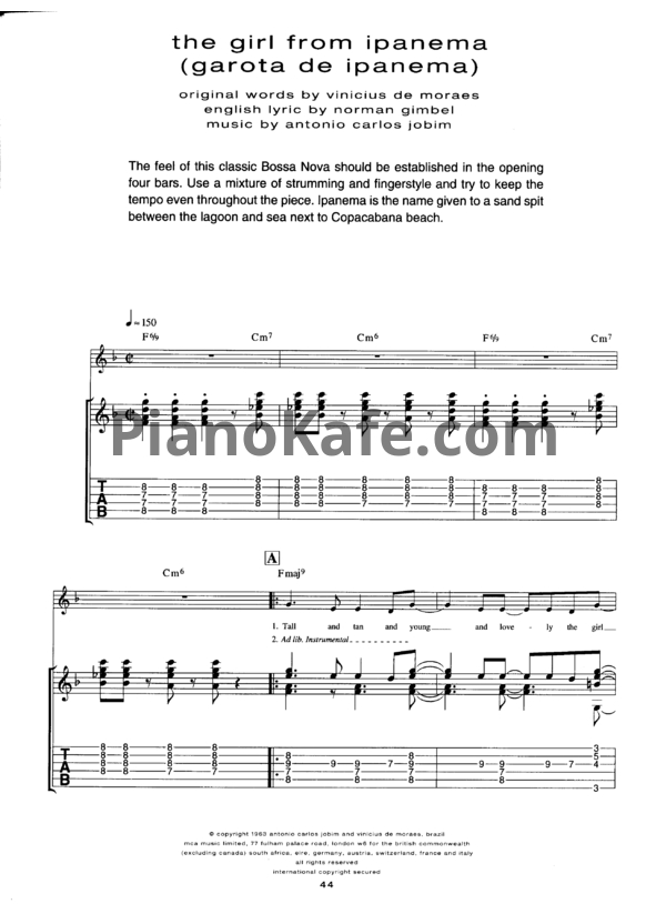 Ноты Antonio Carlos Jobim - The girl from Ipanema (Voice and Guitar tabs) - PianoKafe.com