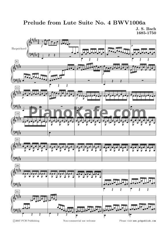 Ноты И. Бах - Prelude from Lute Suite No. 4 (BWV 1006a) - PianoKafe.com