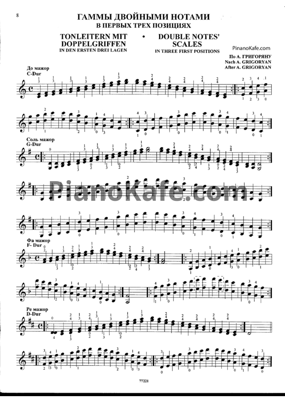 Ноты Гаммы двойными нотами в первых трех позициях (по А. Григоряну) - PianoKafe.com
