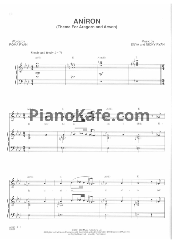 Ноты Enya - Aniron (Theme for Aragorn and Arwen) - PianoKafe.com