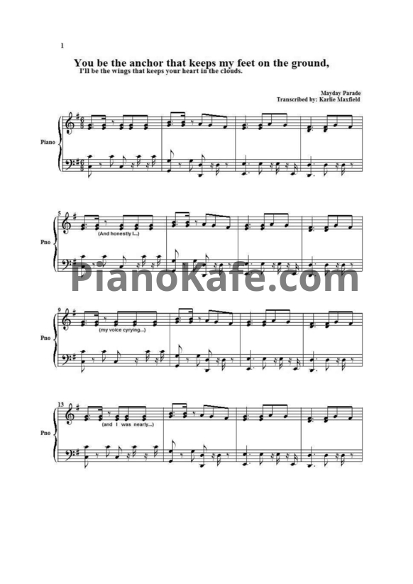 Ноты Mayday Parade - You be the anchor - PianoKafe.com