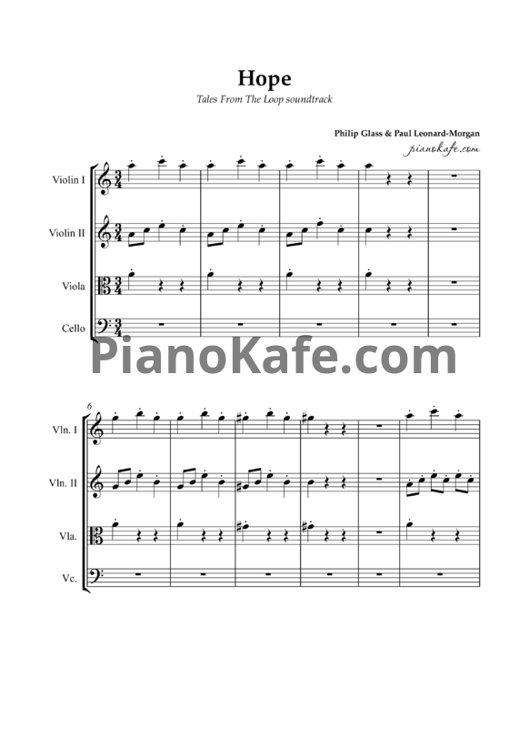 Ноты Philip Glass & Paul Leonard-Morgan - Hope (для струнного квартета) - PianoKafe.com