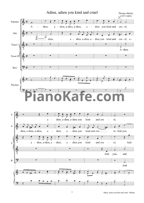 Ноты Т. Морли - Adieu, adieu you kind and cruel (Хоровая партитура) - PianoKafe.com