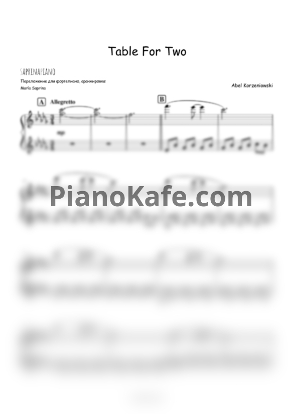 Ноты Abel Korzeniowski - Table for two (SaprinaPaino cover) - PianoKafe.com