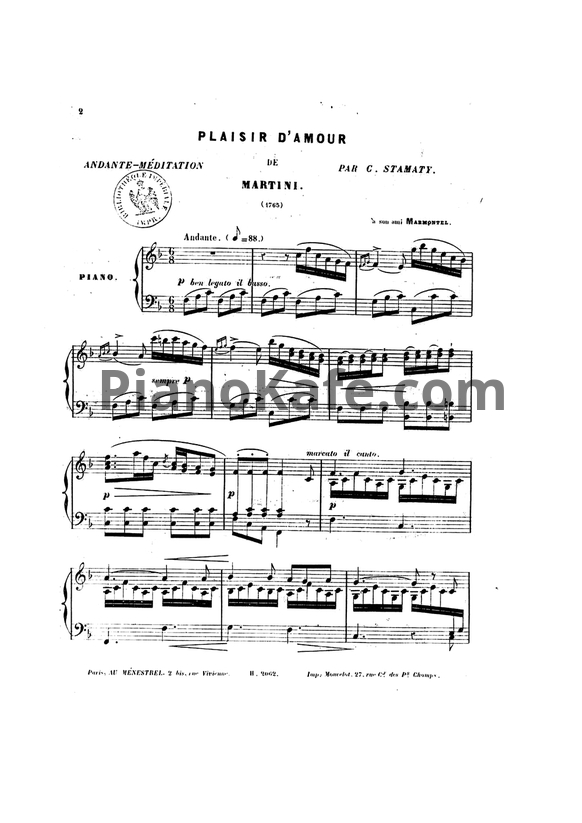 Ноты Камиль Стамати - Andante-méditation sur 'Plaisir d'amour' (Op. 24) - PianoKafe.com