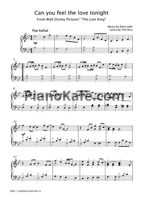 Ноты Elton John - Can you feel the love tonight - PianoKafe.com