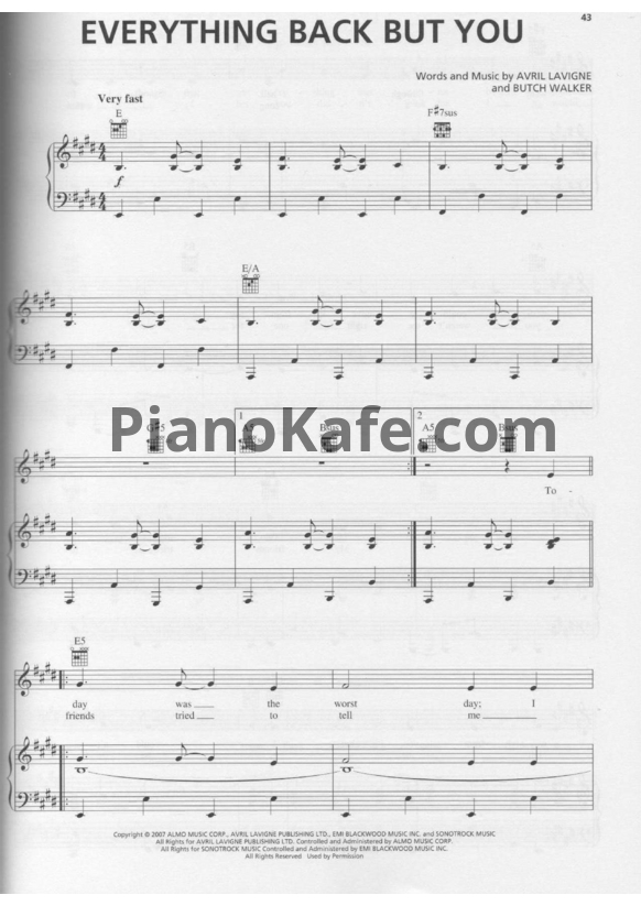 Ноты Avril Lavigne - Everything back but you - PianoKafe.com