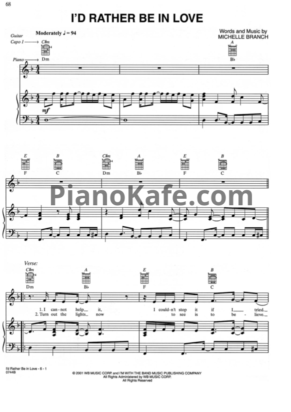 Ноты Michelle Branch - I'd rather be in love - PianoKafe.com