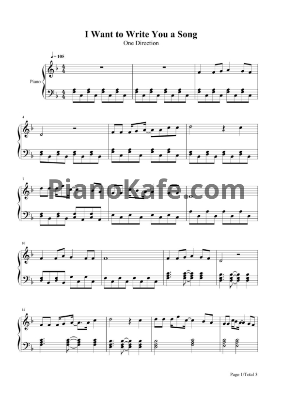 Ноты One Direction - I want to write you a song - PianoKafe.com