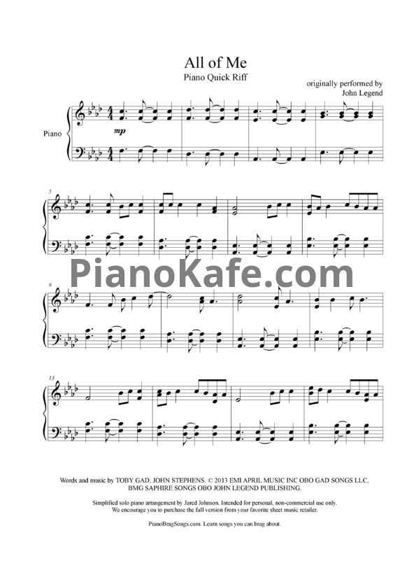 Ноты John Legend - All of Me (Версия 2) - PianoKafe.com